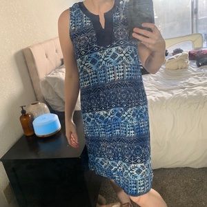 Blueginger Patterned Short Boxy Tank Midi Dress Medium Blue And White (180)